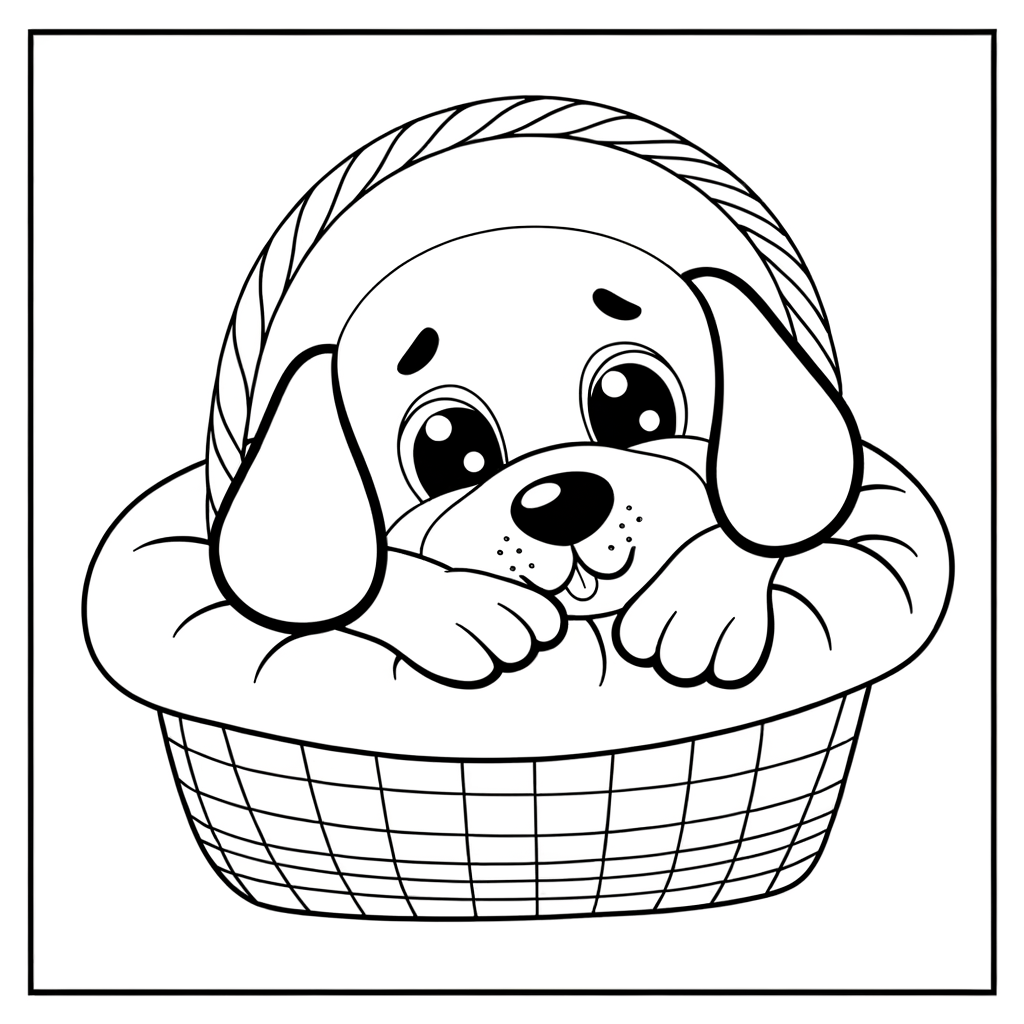 Coloring page of cute cartoon puppy sleeping peacefully in wicker basket with thick black outline