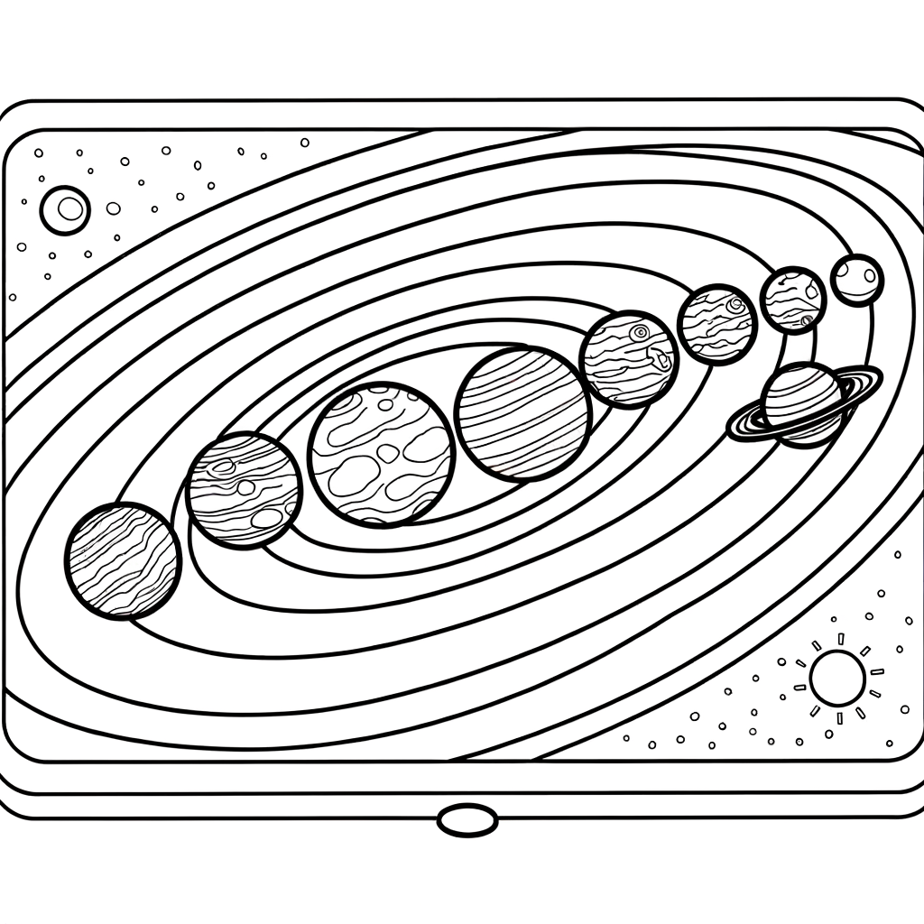 Coloring page showing all eight planets of the solar system lined up in a row from Mercury to Neptune