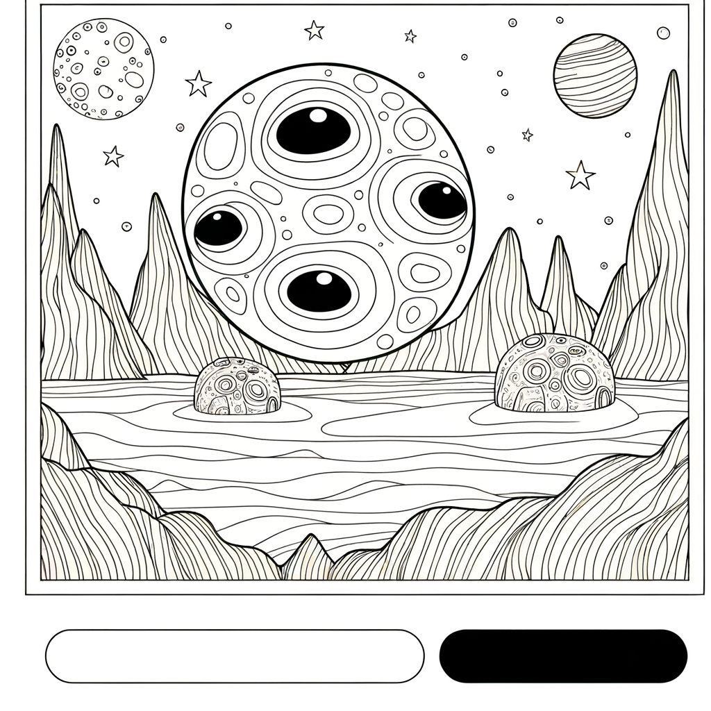 Alien planet coloring page showing strange landscape with unusual rock formations and otherworldly terrain