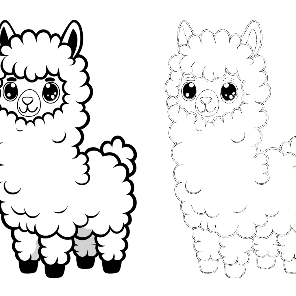 Coloring page of a cute smiling alpaca with soft fuzzy fur