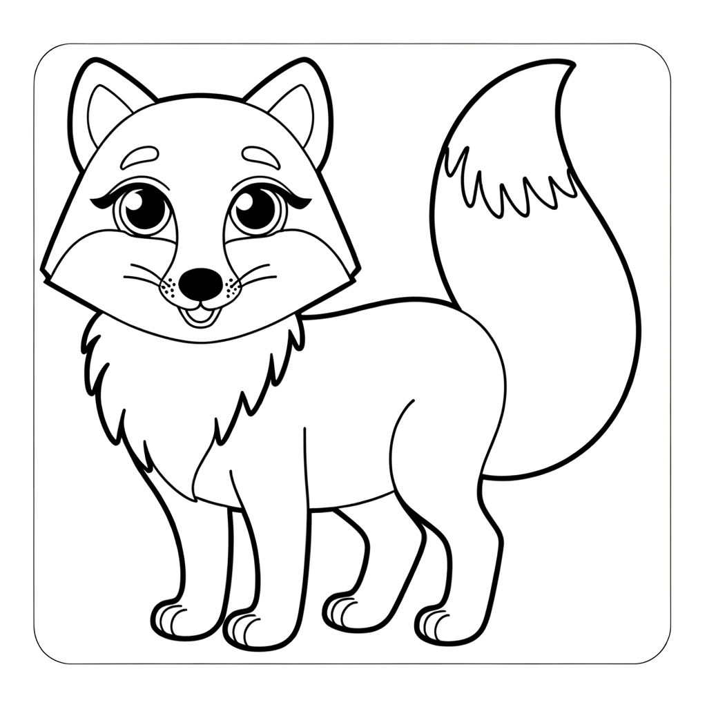 Coloring page outline drawing of an arctic fox with thick winter fur coat