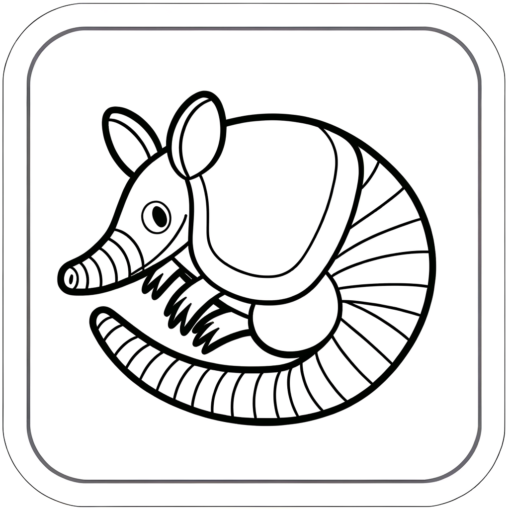 Coloring page of an armadillo curled into a protective ball showing its armored shell