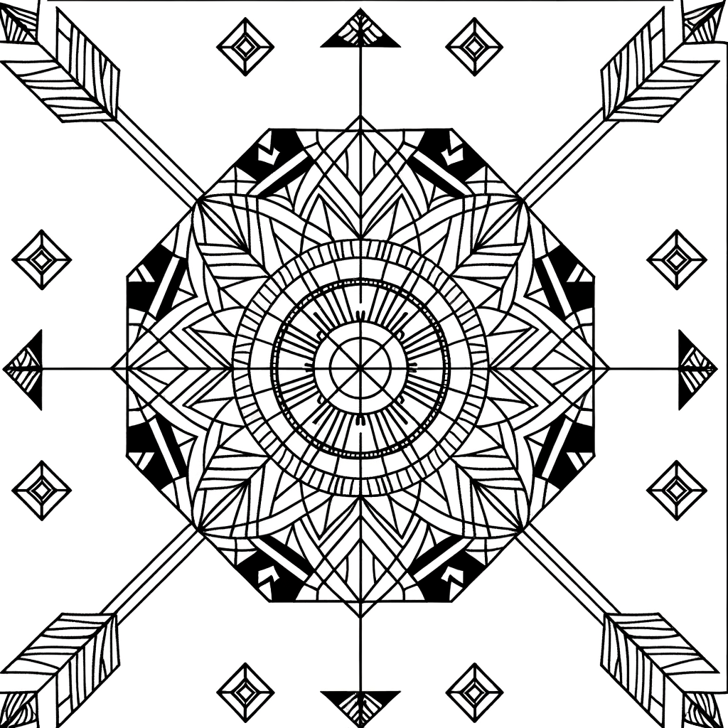 Arrow mandala coloring page with tribal patterns and geometric designs