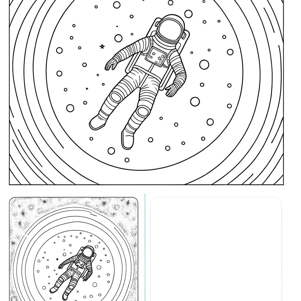 Coloring page of an astronaut floating in zero gravity space scene