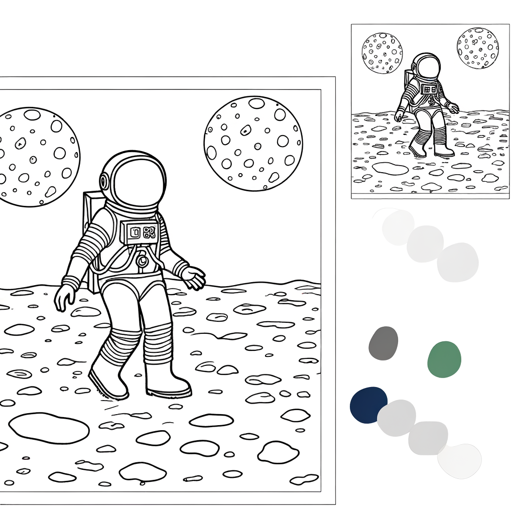 Coloring page showing an astronaut in a space suit walking on the moon surface
