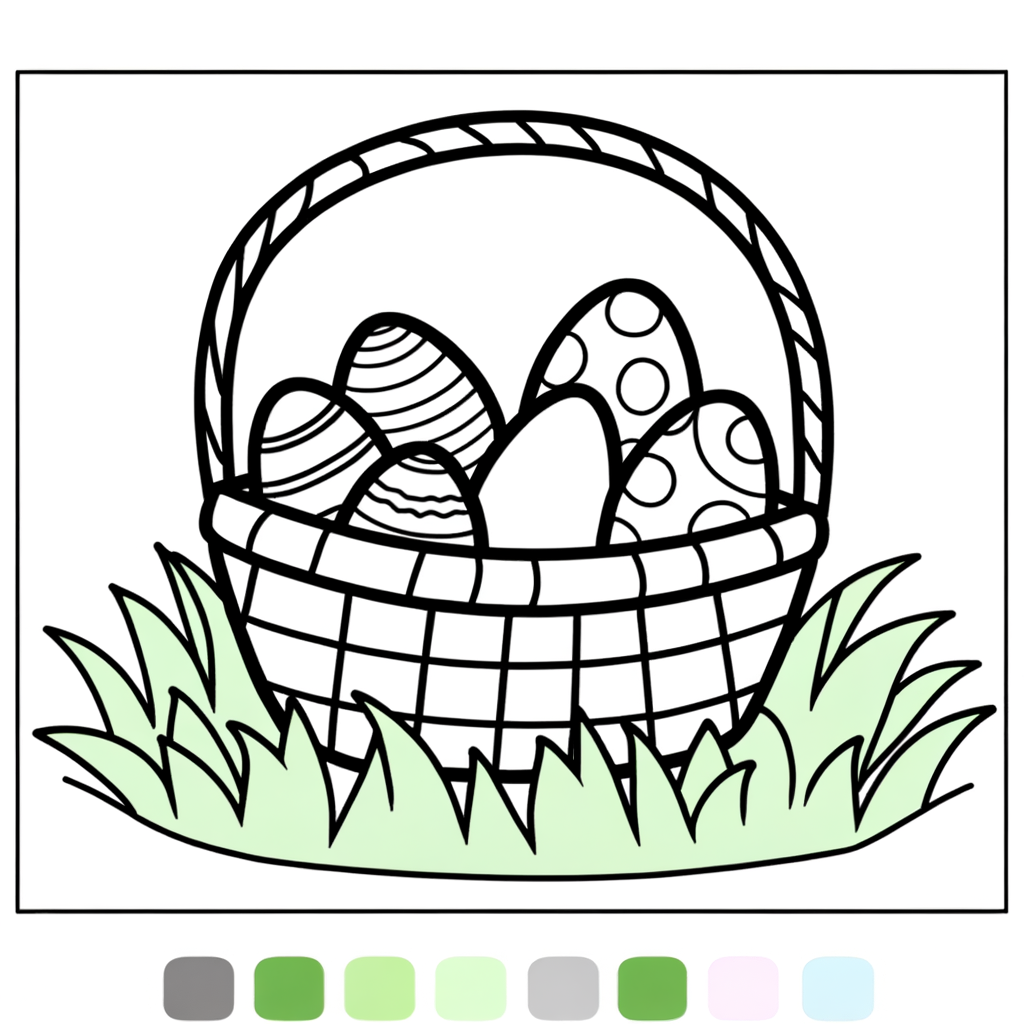 Easter basket coloring page with decorated eggs, candy, and grass for kids to color