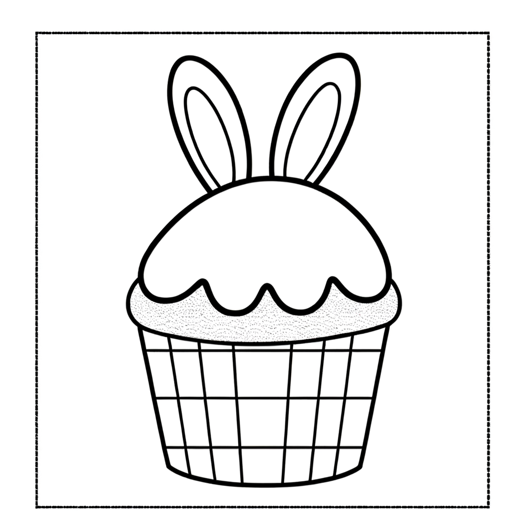 Easter cupcake coloring page with bunny ears topper and decorative frosting