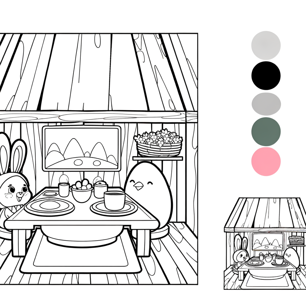 Easter morning breakfast coloring page showing table with decorated eggs, flowers and holiday food