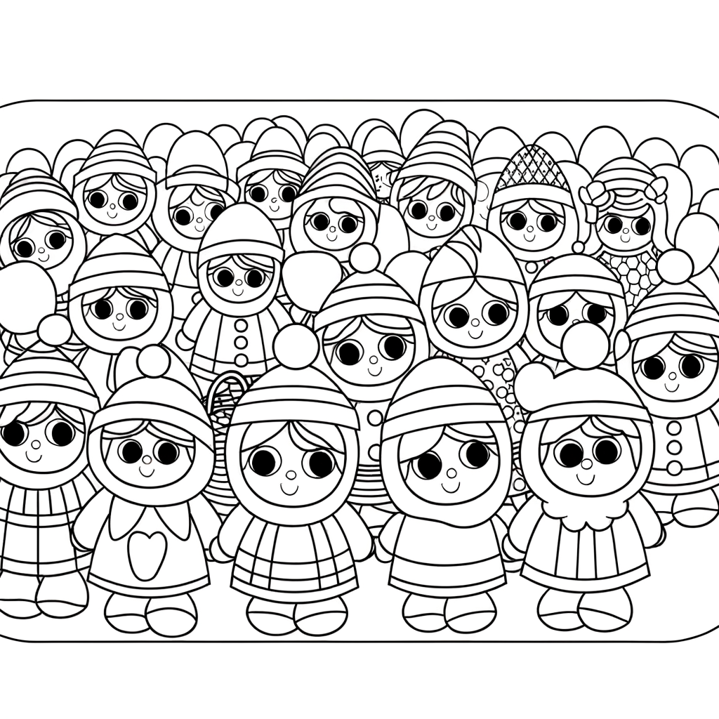 Easter parade coloring page with children wearing festive costumes and Easter outfits