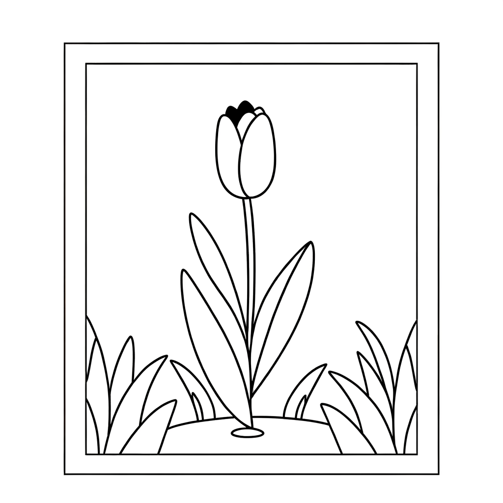 Coloring page of an elegant tulip flower standing tall in a garden with decorative elements