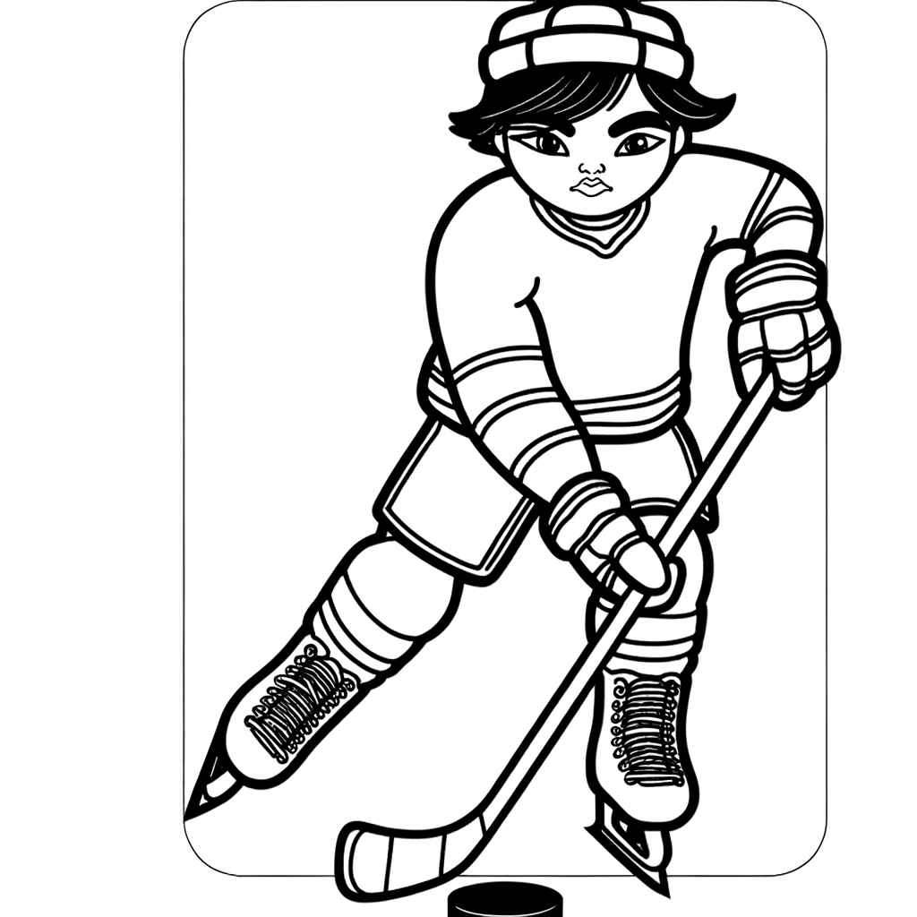 Coloring page of ice hockey player skating with hockey puck on ice rink