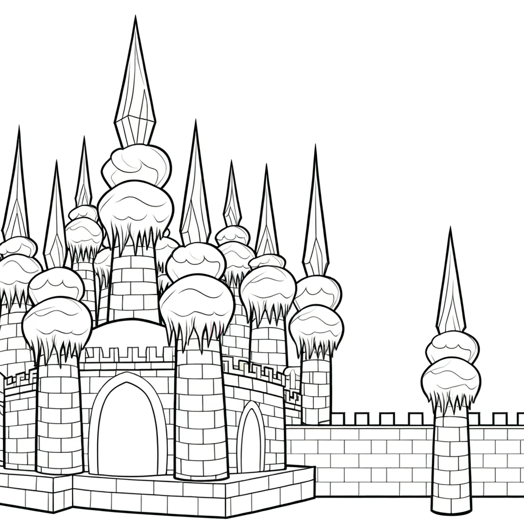 Ice palace coloring page with crystal spires and frozen walls for kids to color