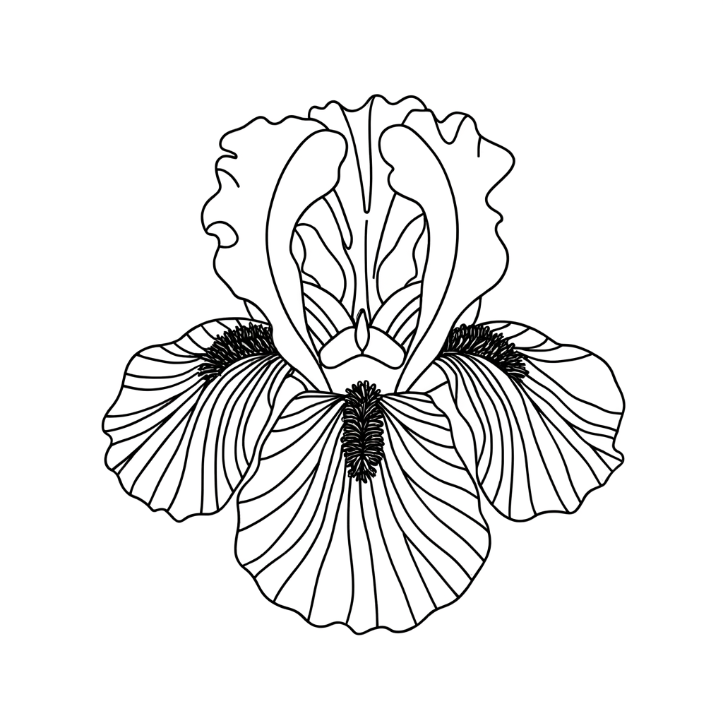 Coloring page of an iris flower with purple and yellow petals and detailed line art