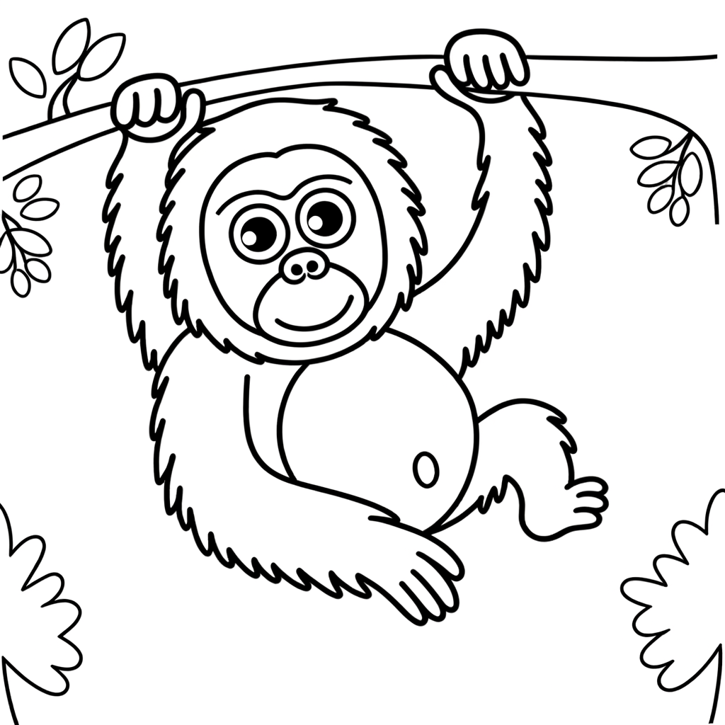 Coloring page of an orangutan swinging through trees in the jungle