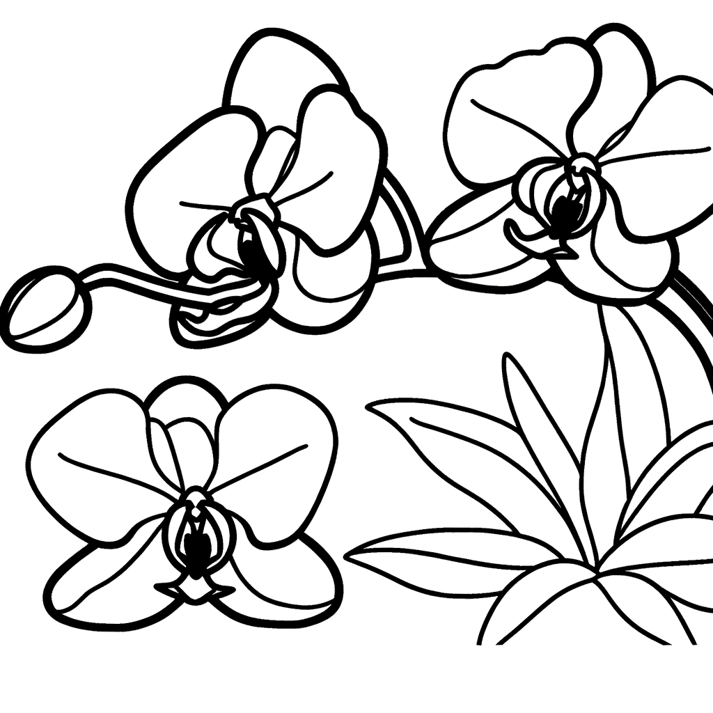 Detailed line drawing of an orchid flower with exotic colorful blooms for coloring