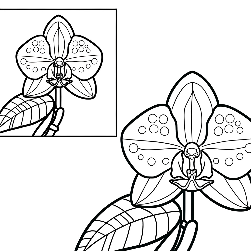 Coloring page of an exotic orchid with detailed blooms and petals