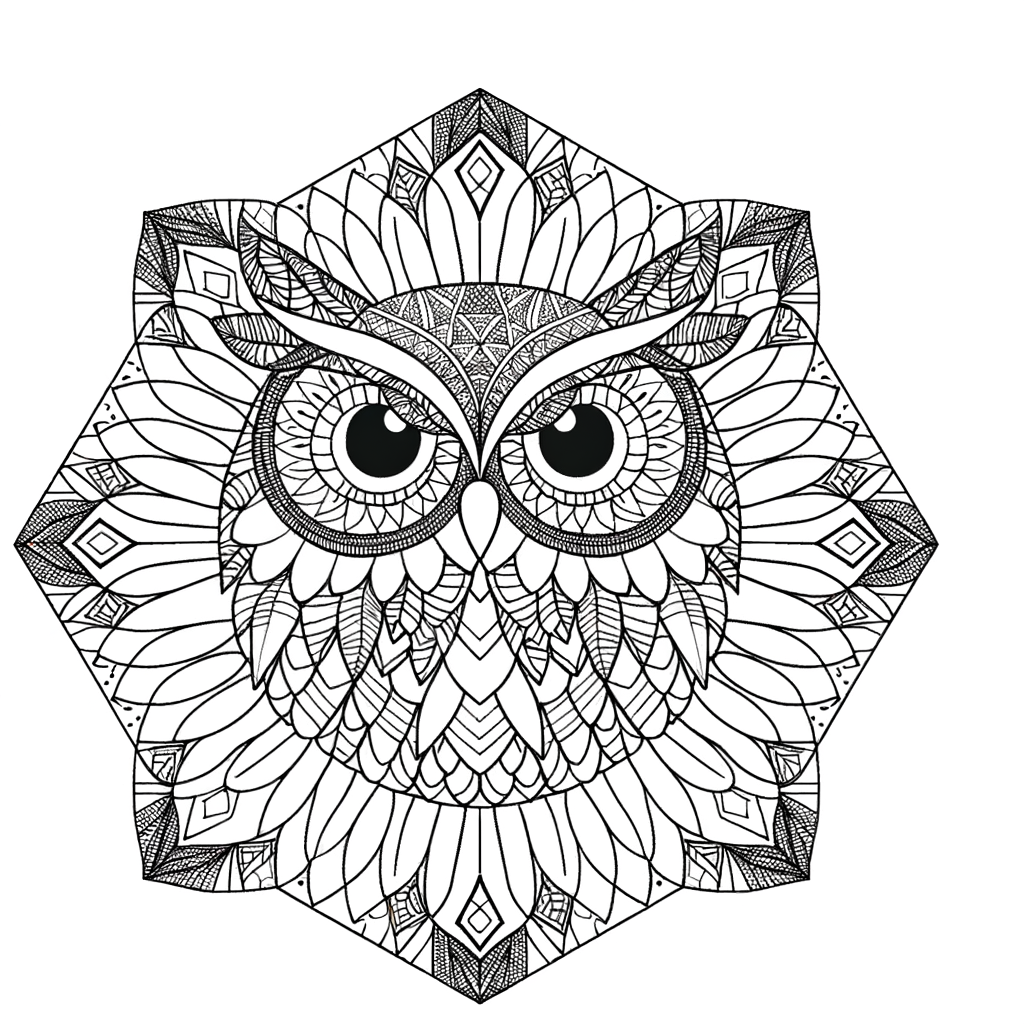 Owl mandala with detailed feather patterns coloring page