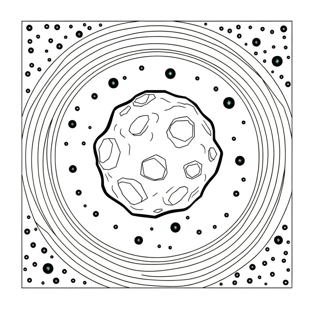 Coloring page showing asteroids floating in space belt with various sized space rocks
