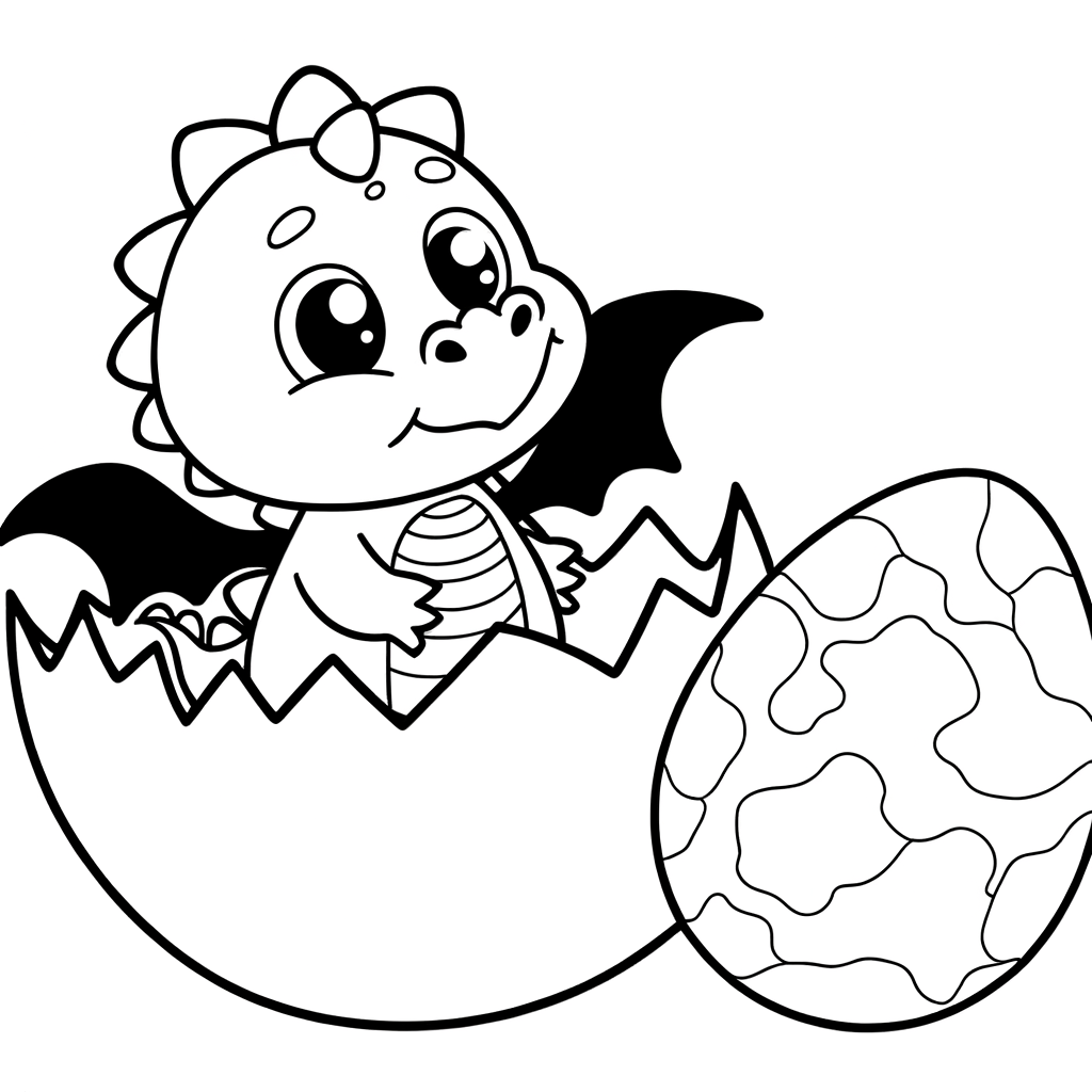 Coloring page of a baby dragon hatching from an egg