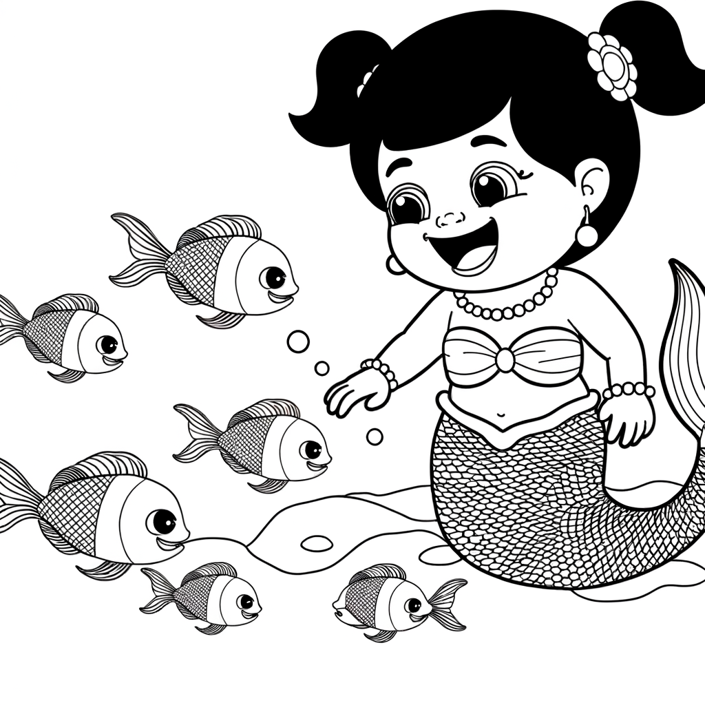 Illustration of a baby mermaid playing with fish for coloring