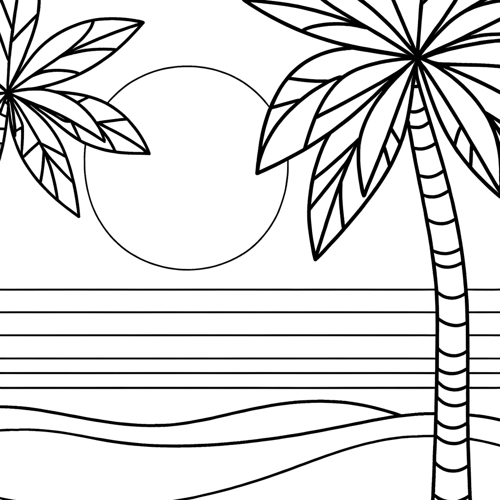 Beach sunset with palm trees coloring page