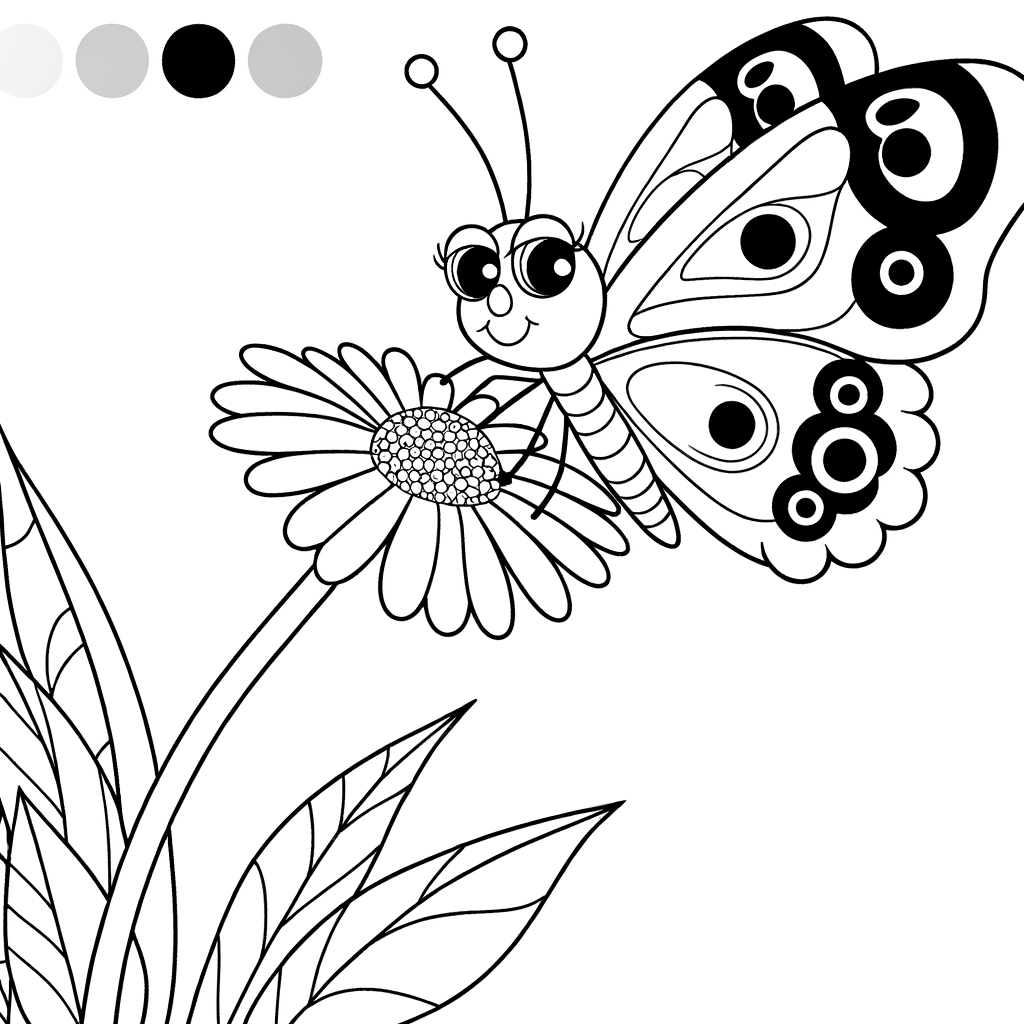 Coloring page of a beautiful butterfly perched on a spring flower