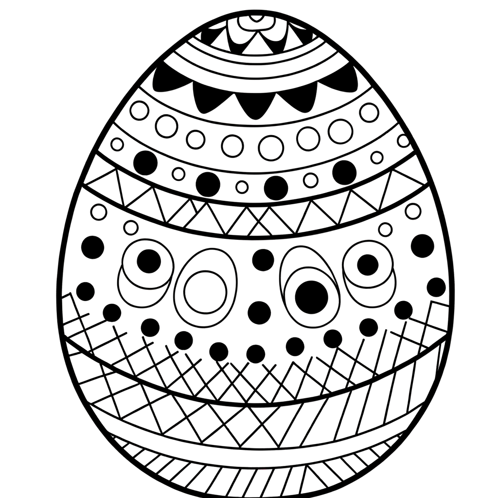 Coloring page showing decorated Easter eggs with various patterns and thick black outlines