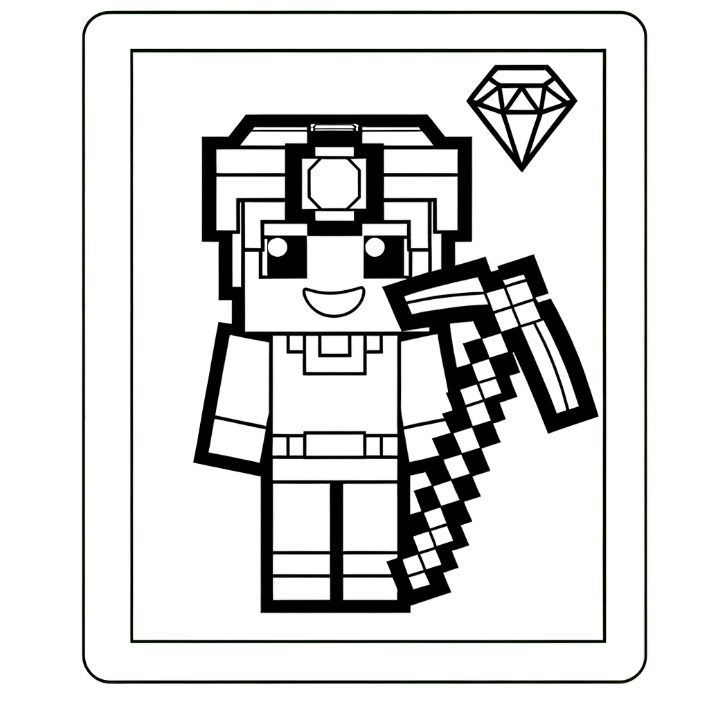 Blocky pixel-style character holding diamond pickaxe coloring page