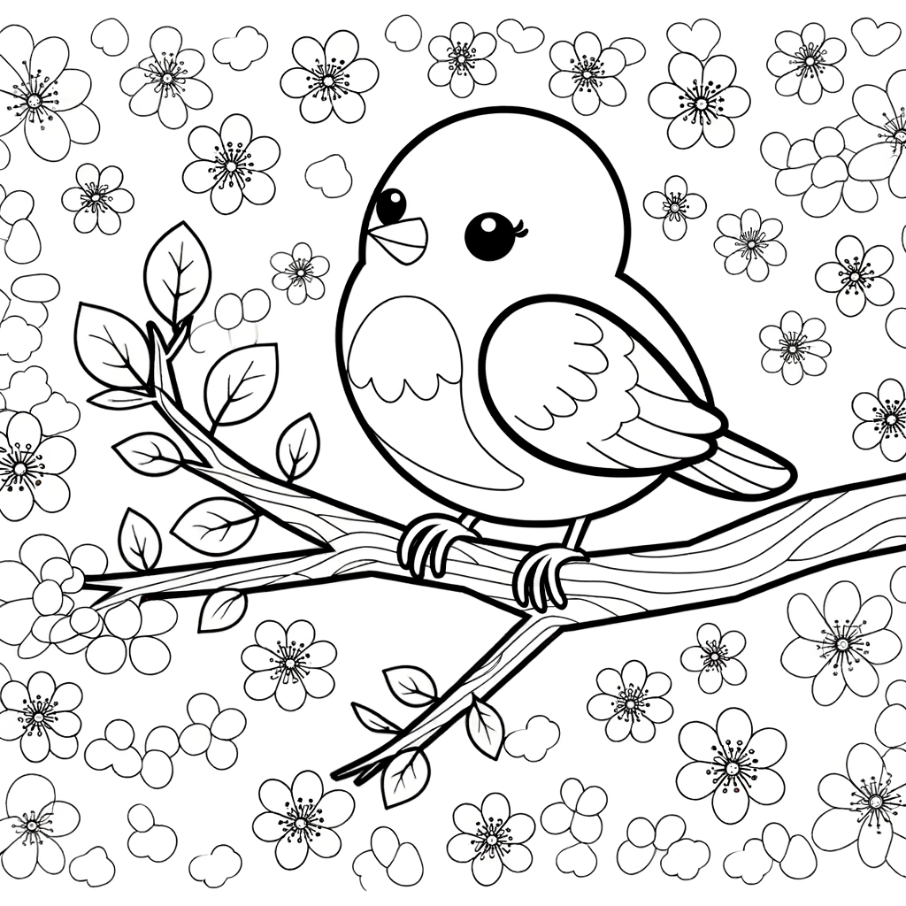 Coloring page of a bluebird perched on a spring branch with blossoms