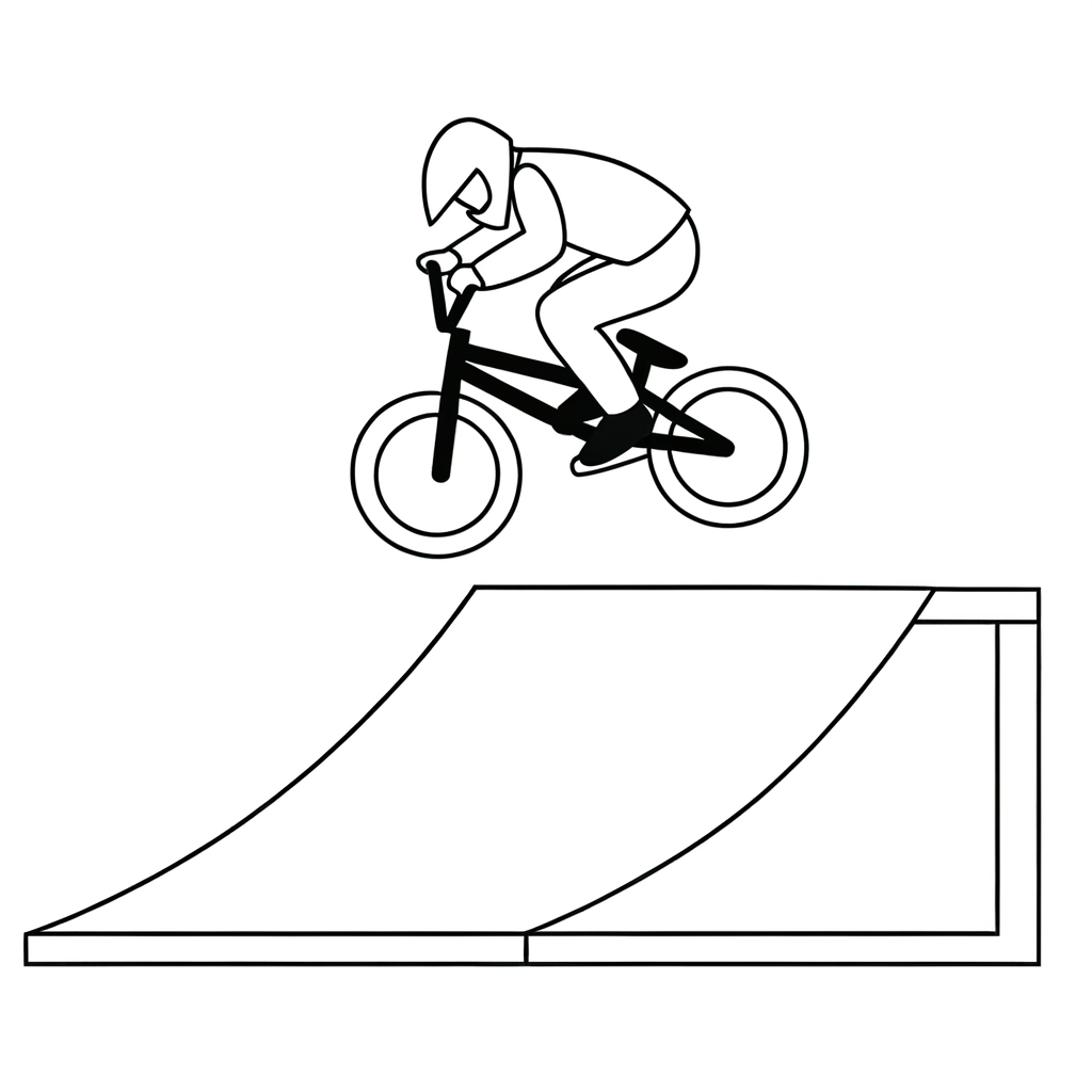 BMX rider jumping over a ramp with bike in action, coloring page