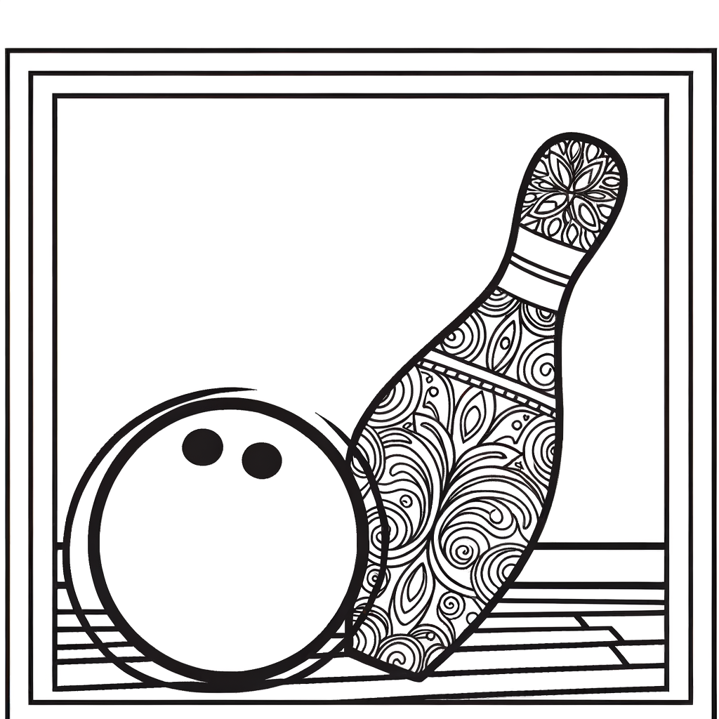 Coloring page of a bowling ball striking pins