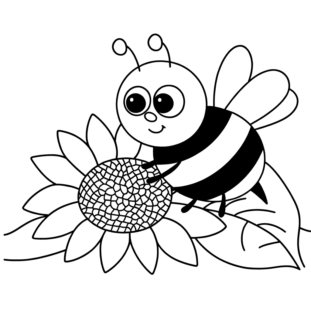 A bumblebee on a sunflower coloring page for children and adults.