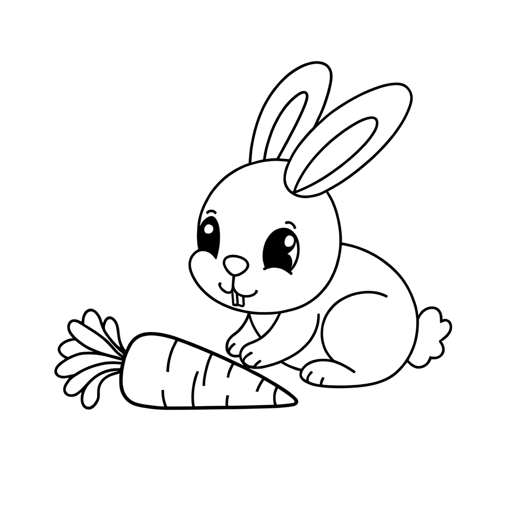 A bunny rabbit happily eating a carrot coloring page.