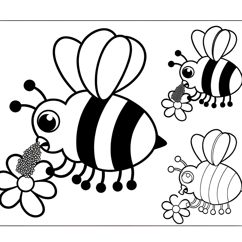Coloring page of a busy bee collecting pollen from flowers