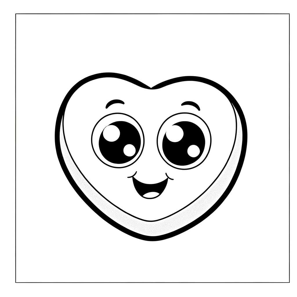 Coloring page showing candy conversation hearts with romantic messages for kids to color
