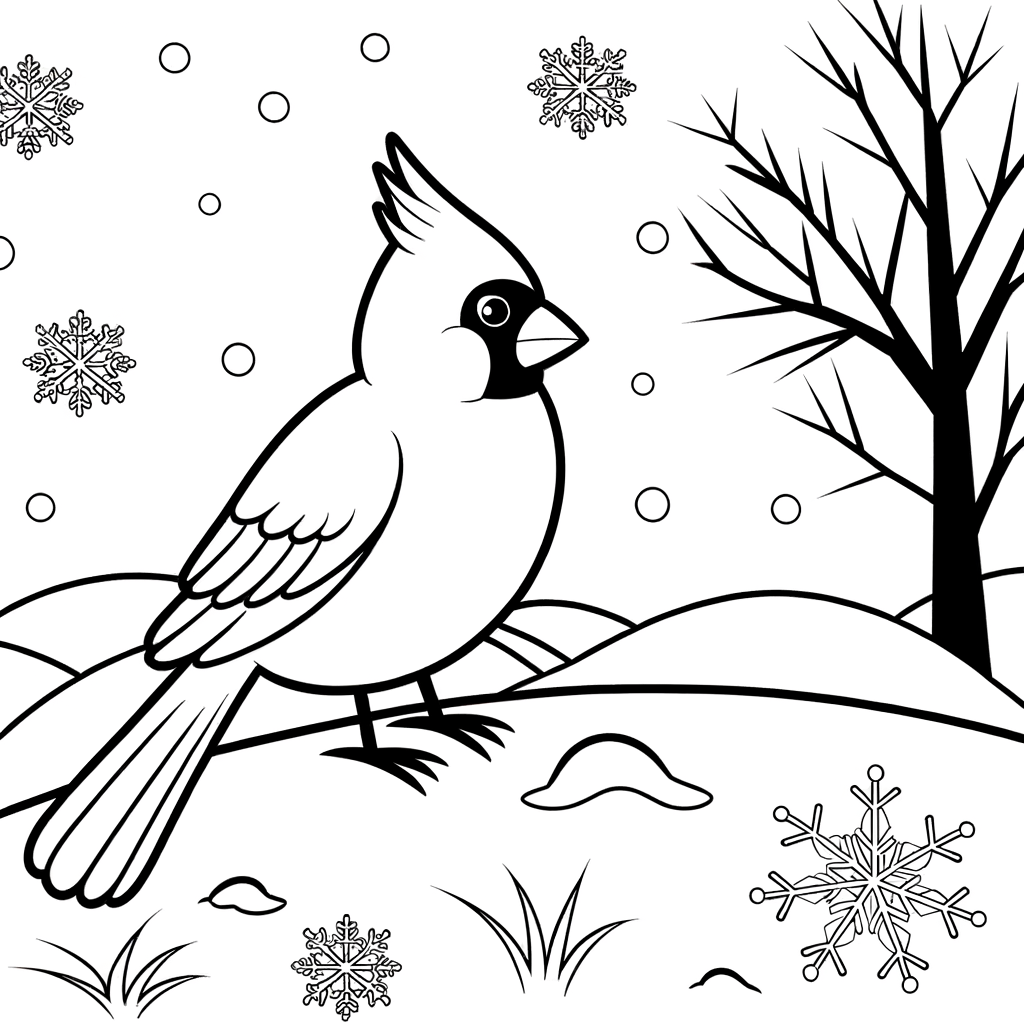 Coloring page of a cardinal bird in a winter snow scene.