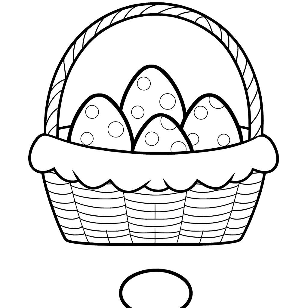 Coloring page of cartoon basket overflowing with Easter eggs with thick outlines