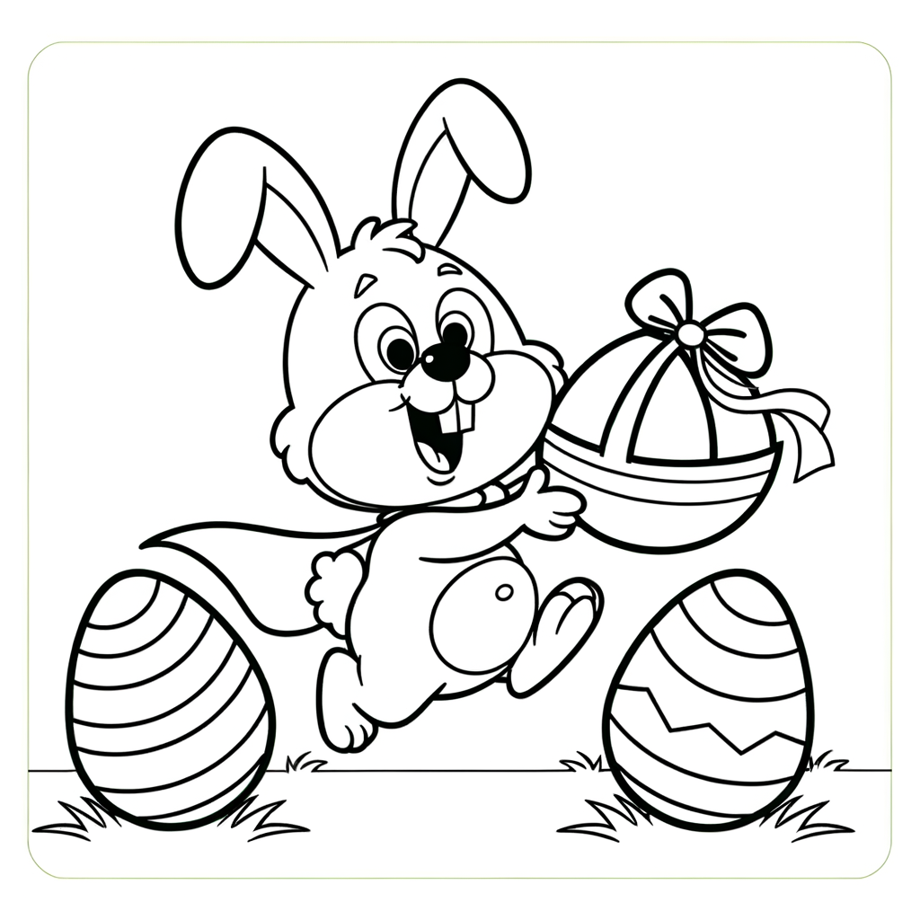 Cartoon Easter bunny coloring page with thick black lines showing bunny delivering Easter eggs