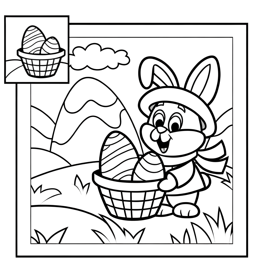 Cartoon Easter bunny delivering eggs coloring page with thick black outlines