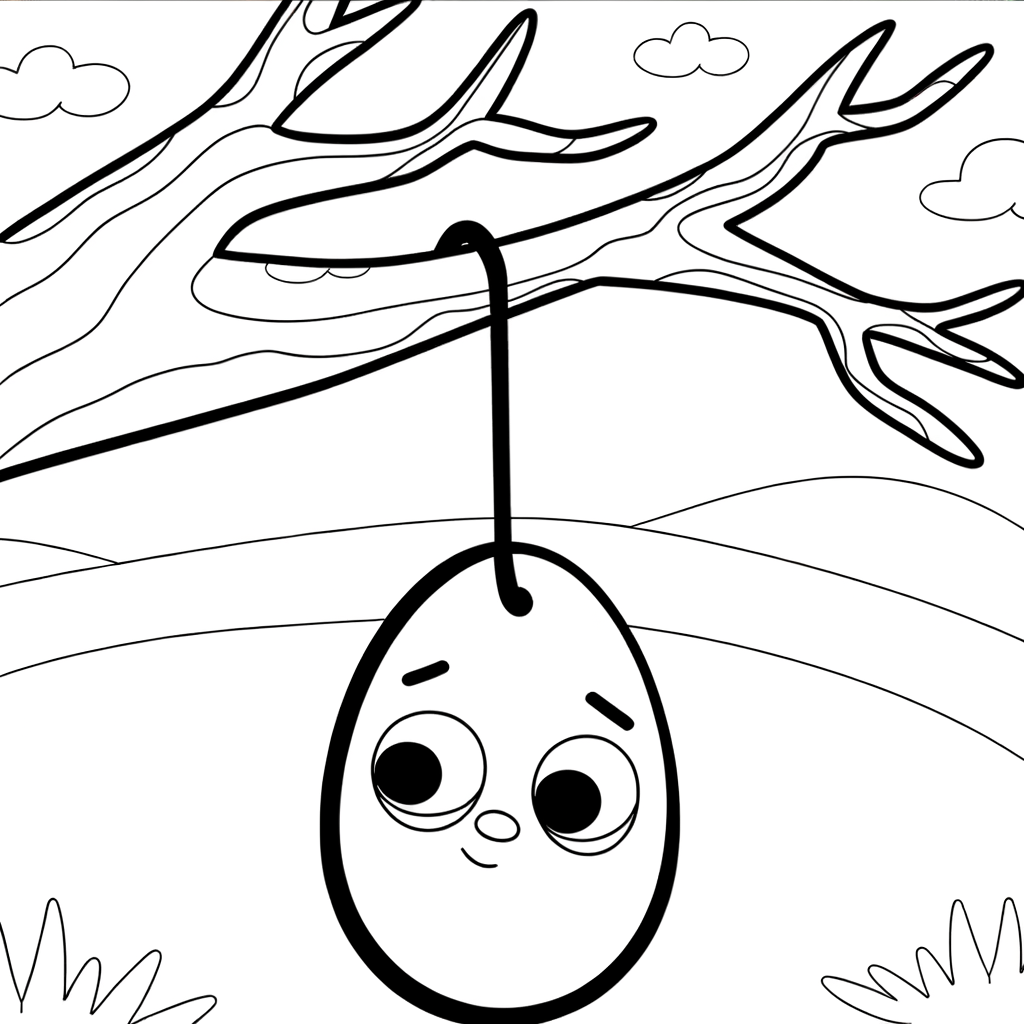 Coloring page showing cartoon Easter eggs hanging on tree branches with thick black outlines on white background