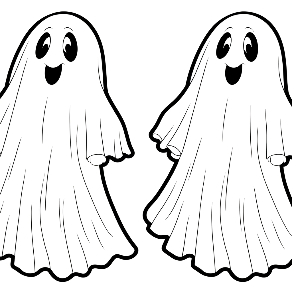 Cartoon ghost coloring page with bedsheet costume and simple black lines on white background