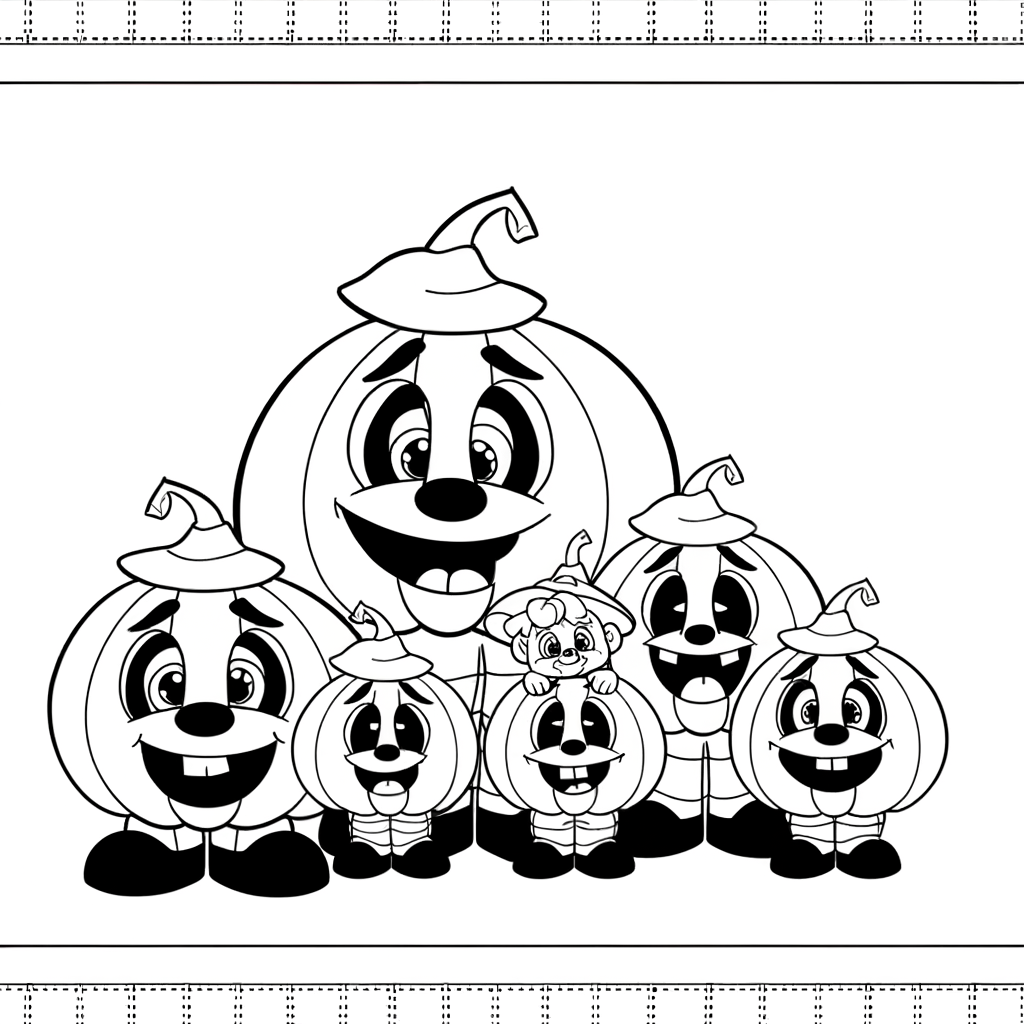 Cartoon jack-o-lantern family coloring page with happy faces, different expressions, thick black outlines on white background