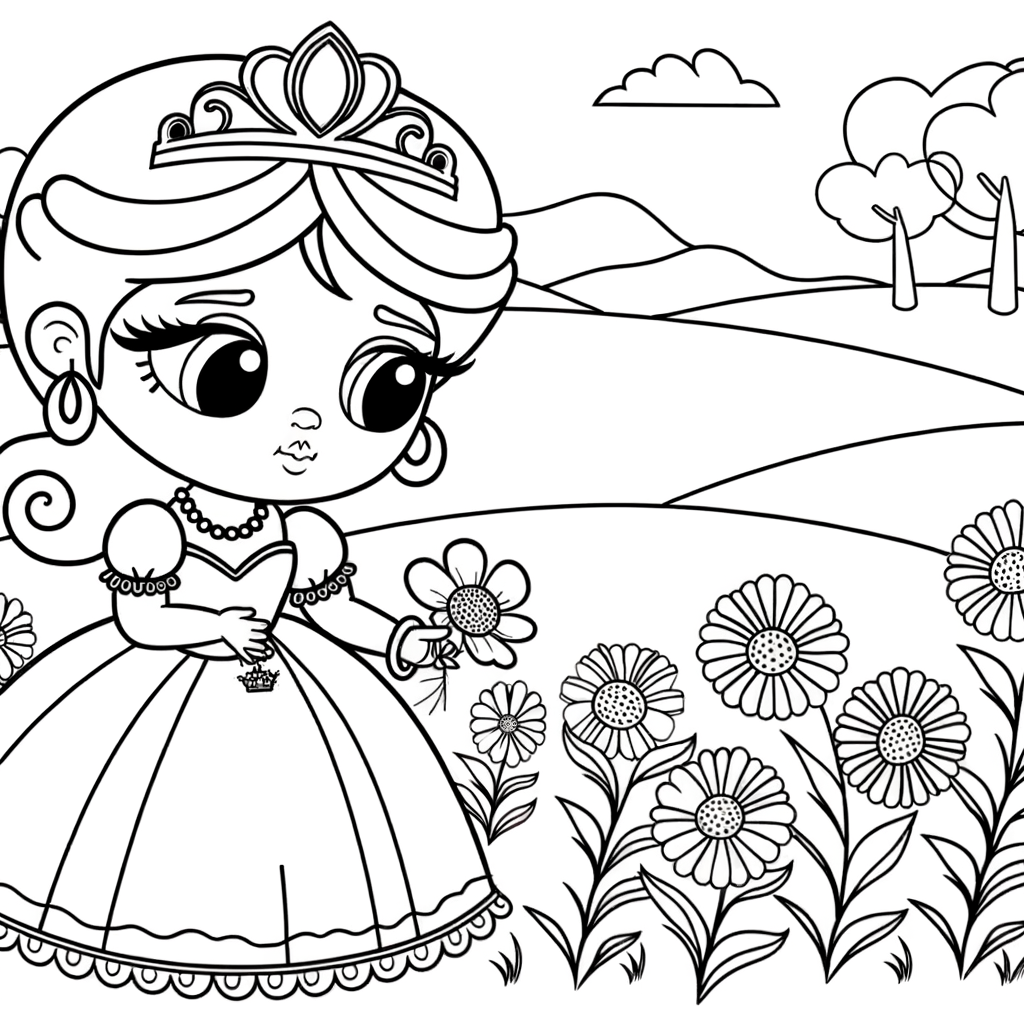 Cartoonlike princess picking flowers in a meadow coloring page