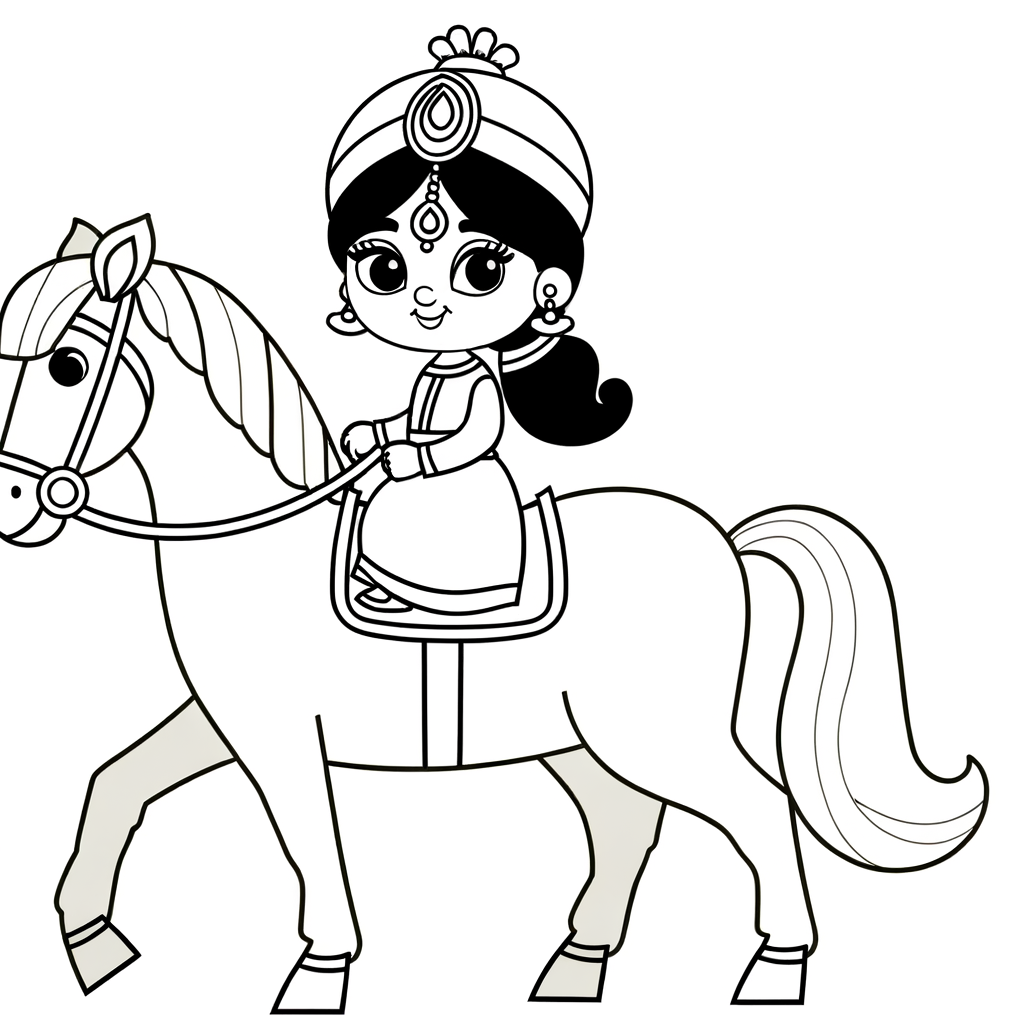 Cartoon princess on a white horse coloring page
