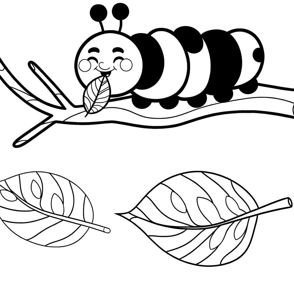 Caterpillar on branch eating leaf coloring page