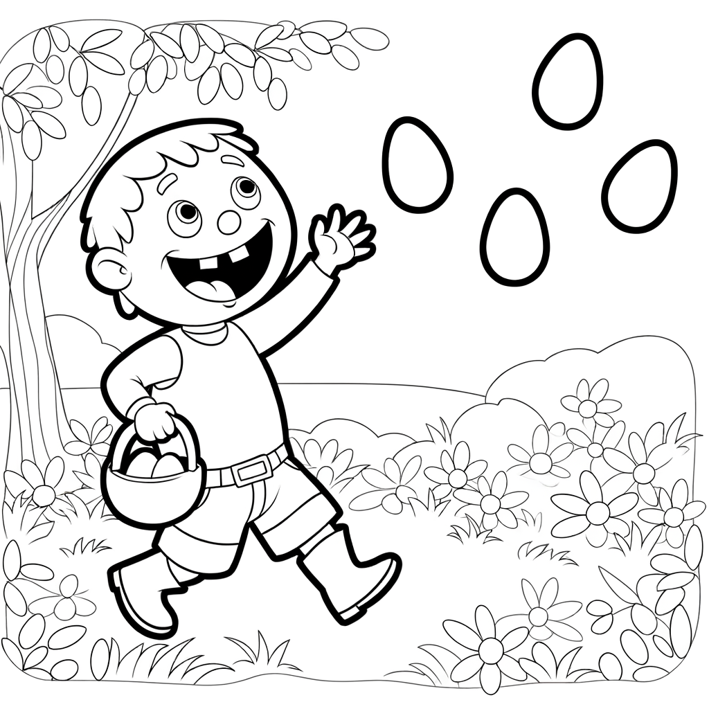 Coloring page of children hunting for Easter eggs outdoors in spring setting