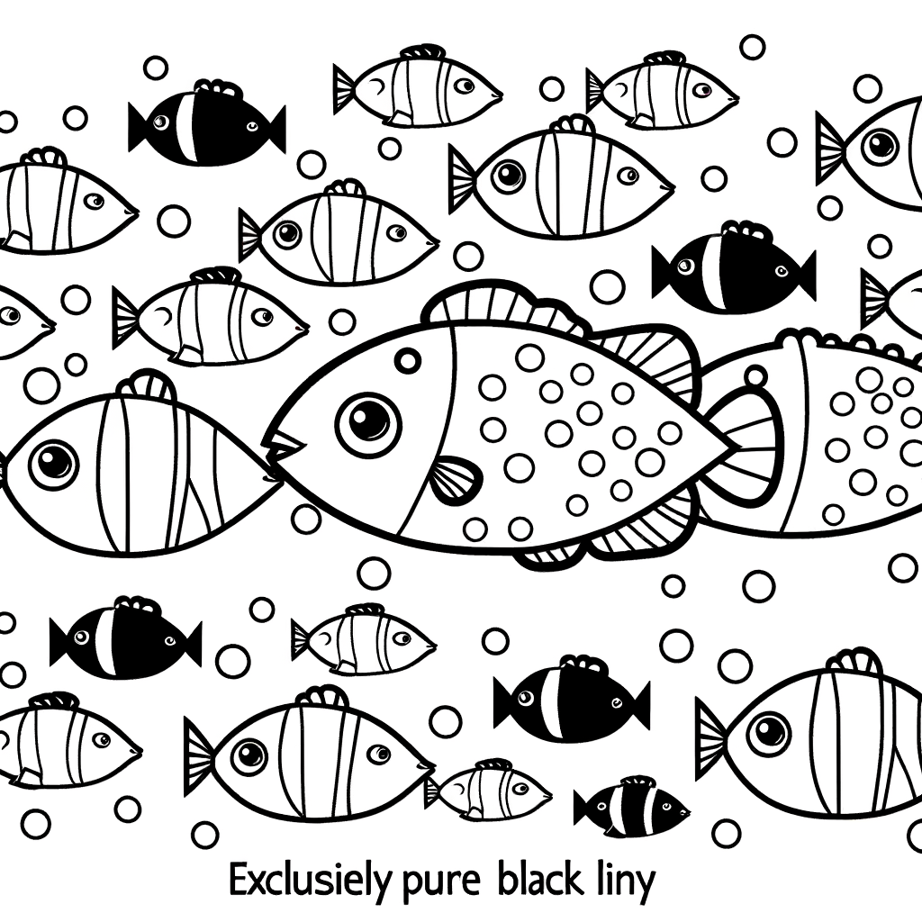 A coloring page of a colorful tropical fish school
