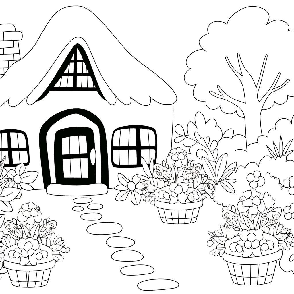 A detailed coloring page of an English cottage garden with flowers and plants.