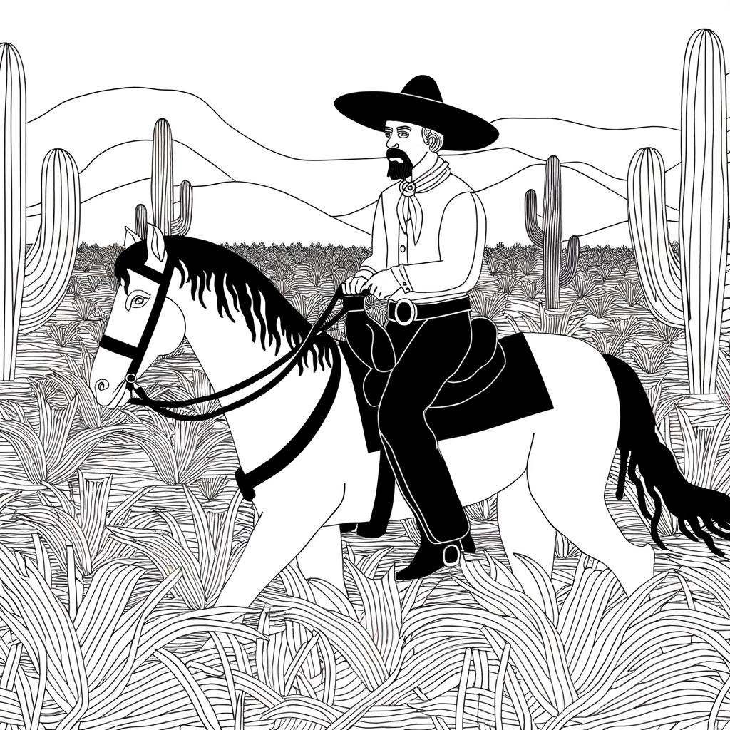 Coloring page of a cowboy riding a horse in a desert setting