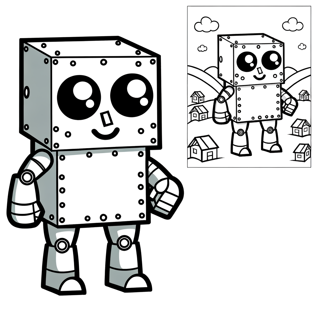 Coloring page of a cube-shaped iron golem protecting a village with houses and buildings in the background